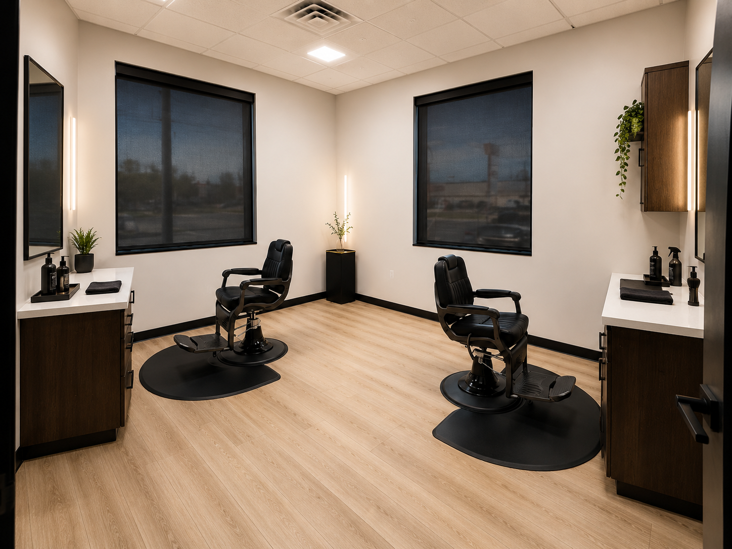 A private double salon suite at Paramount Suites — two professional barber chairs, styling stations, and warm wood flooring.
